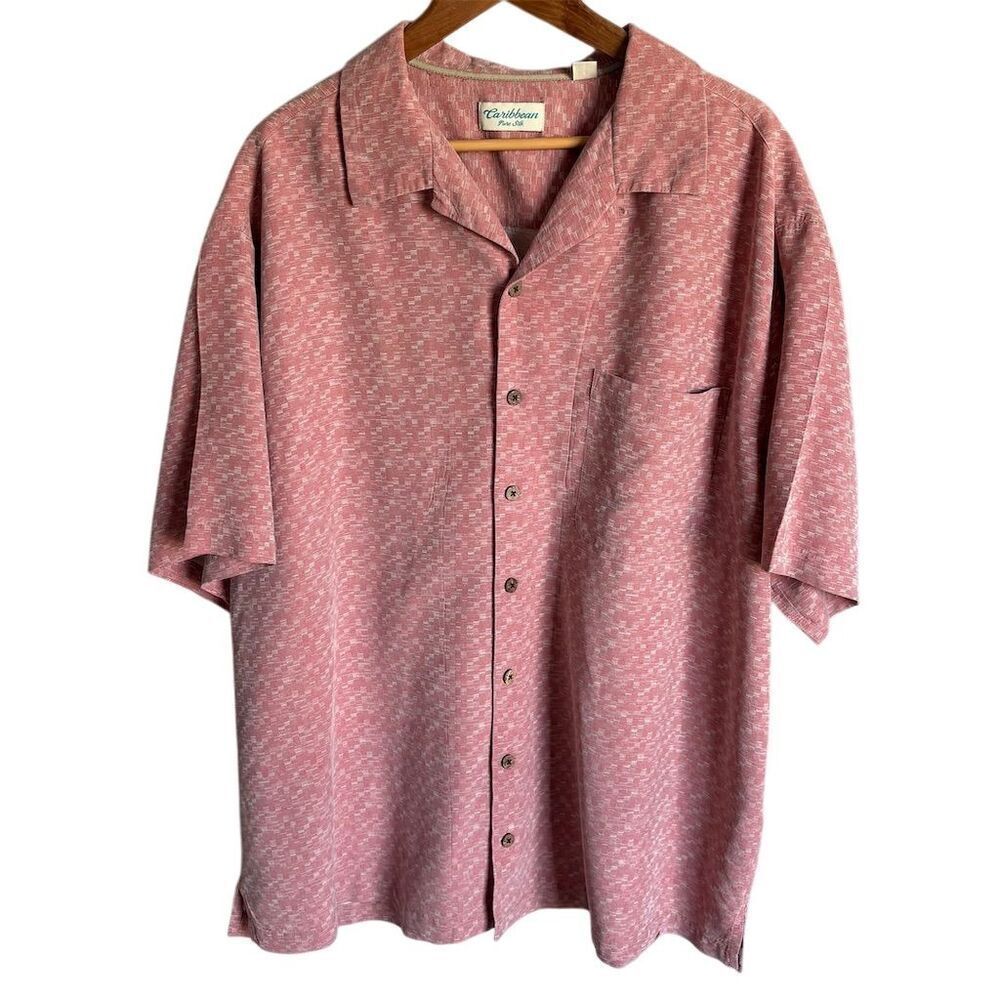 Caribbean Men's 2XB Coral Geometric Silk Short Sleeve Button-Up Shirt
